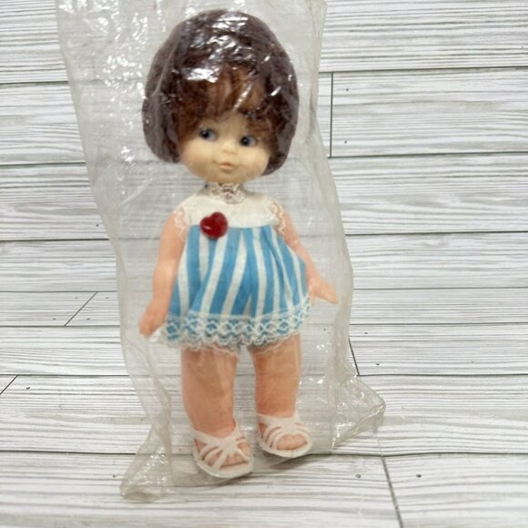 Honey Child Baby Girl Doll Plastic Brown Hair Blue Stripe Dress VTG Hong Kong 7" - Picture 1 of 10